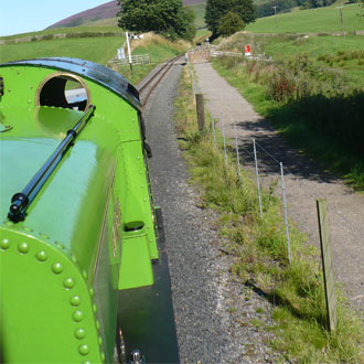 Green train on railway track